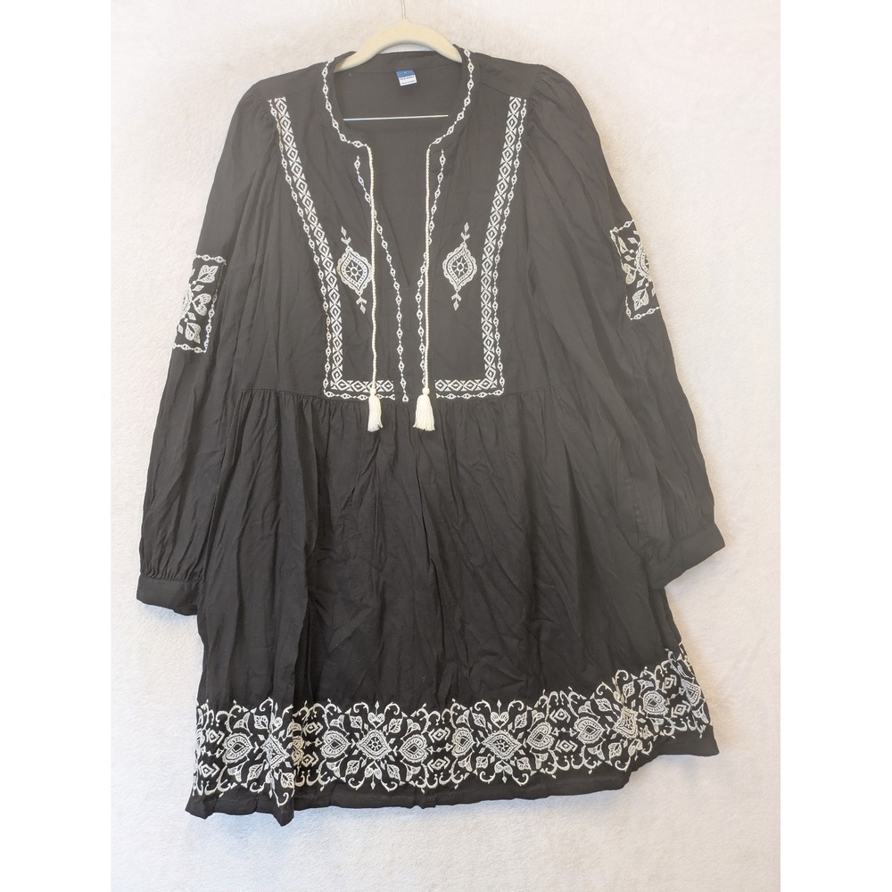 Old Navy Mini Dress Women's L Black Embroidered Boho Tassel Long Sleeve V-Neck‎